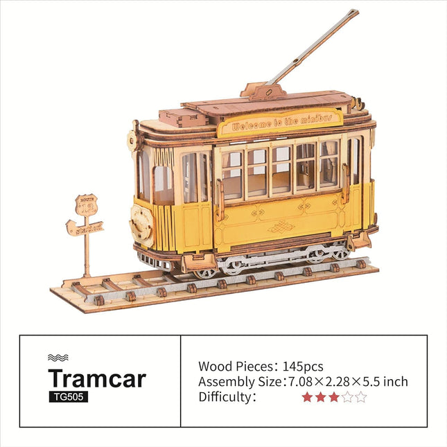 Robotime ROKR 3D Wooden Puzzle Tram Car – Laser-Cut DIY Model Kit for Adults & Teens – TG505 Vintage Streetcar Building Set