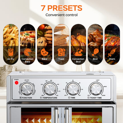 XXL 28L French Door Air Fryer Oven – Silver Stainless Steel Finish – 1700W High Power – Fits 12" Pizza & Whole Chicken