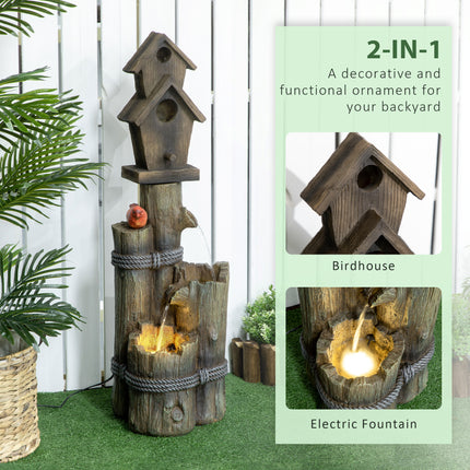 Outdoor Fountain with Birdhouse – 3-Tier Cascading Tree Trunk Waterfall – Rustic Log Design Bird Bath with LED Lights for Garden & Yard