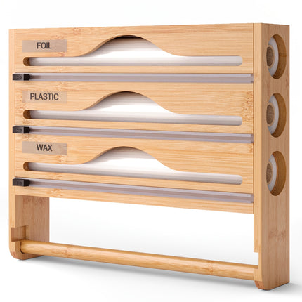 3-in-1 Sustainable Bamboo Cling Film & Foil Dispenser – Wall-Mounted Organizer with Paper Towel Holder