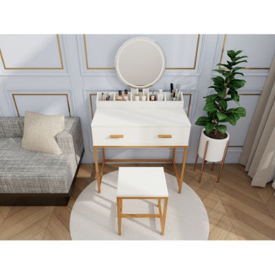 Aurora™ White & Gold Vanity Set – Compact Makeup Table with Mirror & Cushioned Stool