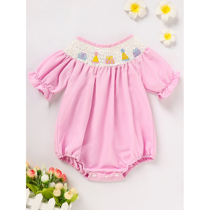 Baby Girl First Birthday Smocked Romper – Embroidered Birthday Cake Princess Bodysuit – Vintage Style Short Sleeve Bubble Romper