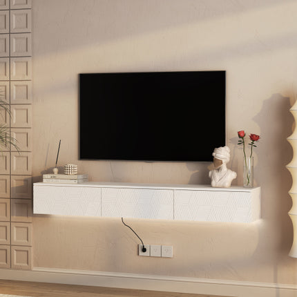 Modern Floating TV Stand with 16-Color LED Lights – Wall Mounted Entertainment Center for TVs up to 65" – High Gloss White Media Console
