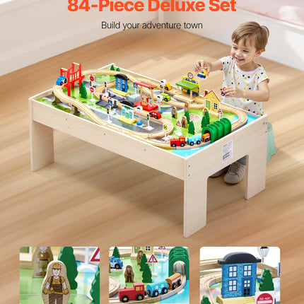 84-Piece Wooden Train Table Set – Complete Kids' Activity Station with Collapsible Storage Bin – Durable Play Table for Toddlers & Children