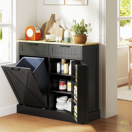 10 Gallon Tilt-Out Trash Can Cabinet with 2 Storage Drawers – Farmhouse Kitchen Trash Hidden Cabinet – Wooden Pet-Proof Waste Bin Holder in Black