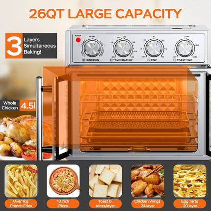 XXL 28L French Door Air Fryer Oven – Silver Stainless Steel Finish – 1700W High Power – Fits 12" Pizza & Whole Chicken