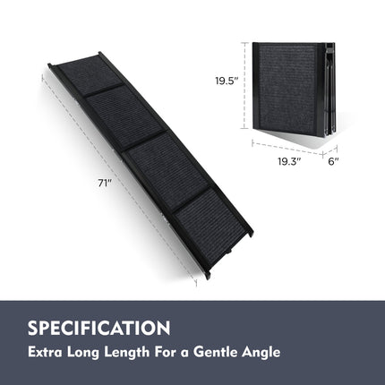 71" Extra Long Dog Ramp for Large Dogs – Portable Folding Car Ramp for SUVs & Trucks – Non-Slip Rug Surface – Supports up to 250lbs