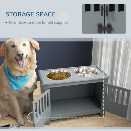 Modern Gray Dog Feeding Station with Food Storage – Wooden Pet Feeder Cabinet with 2 Stainless Steel Bowls – Space-Saving Hidden Pet Station