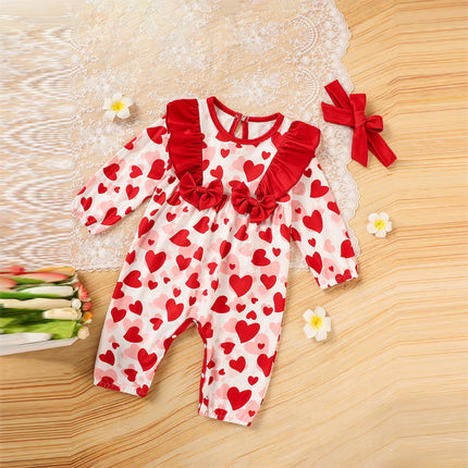 Baby Girl Valentine's Day Romper – Heart Print Long Sleeve Bodysuit with Ruffle Trim & Bow – Sweetheart Holiday Outfit