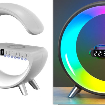 5-in-1 Smart G-Shaped LED Lamp – Bluetooth Speaker & 15W Fast Wireless Charger – RGB Atmosphere Night Light with APP Control