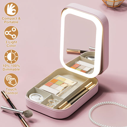 4-Zone Smart Makeup Case – Dimmable LED Mirror & Waterproof Travel Organizer
