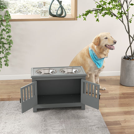 Modern Gray Dog Feeding Station with Food Storage – Wooden Pet Feeder Cabinet with 2 Stainless Steel Bowls – Space-Saving Hidden Pet Station