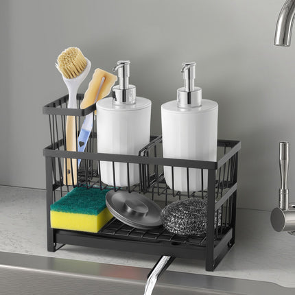 Modern Kitchen Sink Caddy Organizer – Sponge & Brush Holder with Removable Drain Tray – Rust-Proof Countertop Storage Rack