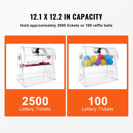 Professional Acrylic Raffle Drum – Transparent Ticket Spinning Cage with Lock & 2 Keys – Holds 2500 Tickets or 100 Balls – For Lottery, Bingo & Tradeshows