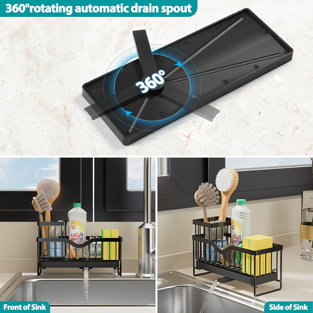 Stainless Steel Kitchen Sink Caddy – Multi-Functional Sponge Holder with Removable Drain Tray & Dishcloth Hanging Bar