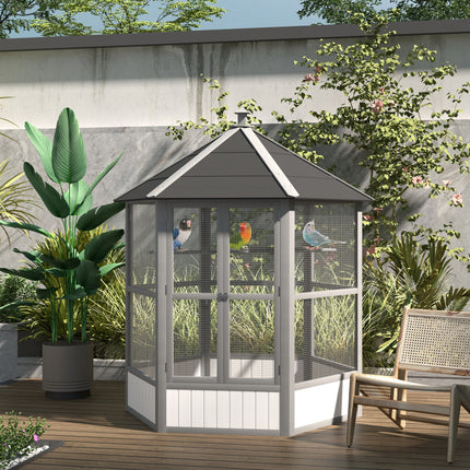 69" Modern Light Gray Wooden Aviary – Hexagonal Outdoor Bird Flight Cage with Weatherproof Roof – Elegant Large Bird House