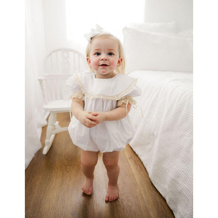 Baby Girl White Lace Smocked Romper – Vintage Floral Embroidery Bubble Jumpsuit – Elegant Wedding & Christening Outfit