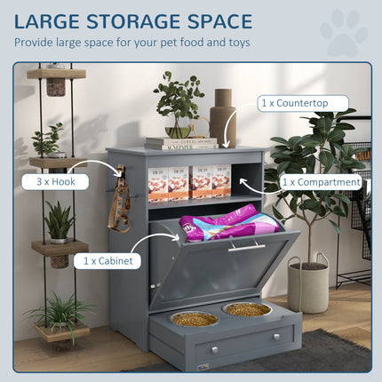 Wooden Pet Feeder Station with Storage Cabinet – Hidden Pull-Out Dog Food Bowl Drawer – Airtight Dog Food Storage Locker with Raised Bowls