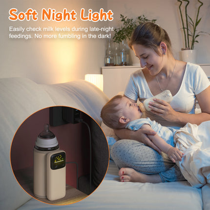 Portable Baby Bottle Warmer with Night Light – 6 Temperature Levels USB Rechargeable Milk Warmer – Travel Formula Heater for On-the-Go