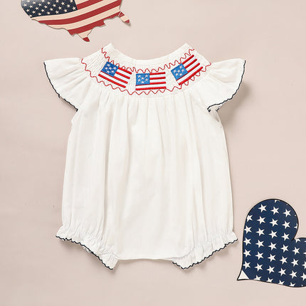 Baby Girl 4th of July Smocked Bubble Romper – American Flag Embroidery Fly Sleeve Bodysuit – Patriotic Summer Outfit