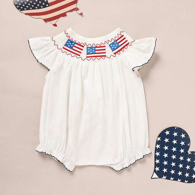 Baby Girl 4th of July Smocked Bubble Romper – American Flag Embroidery Fly Sleeve Bodysuit – Patriotic Summer Outfit
