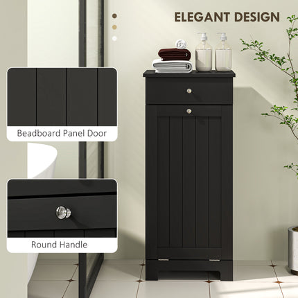 Tilt-Out Laundry Hamper Cabinet – Wooden Bathroom Storage Organizer with Drawer and Removable Basket – Elegant Black Finish