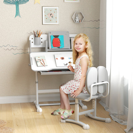 Height Adjustable Kids Desk and Chair Set – Ergonomic Study Table with Tilted Desktop – Large Storage Drawer & Reading Stand – Grey Children’s Workstation