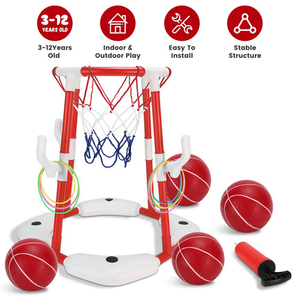 3-in-1 Floating Pool Basketball Hoop Set – Includes 4 Balls, 4 Toss Rings & Pump – Water Sport Games for Kids & Adults – Summer Pool Toy