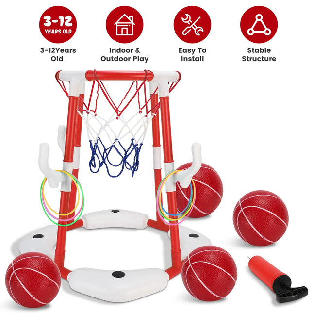 3-in-1 Floating Pool Basketball Hoop Set – Includes 4 Balls, 4 Toss Rings & Pump – Water Sport Games for Kids & Adults – Summer Pool Toy
