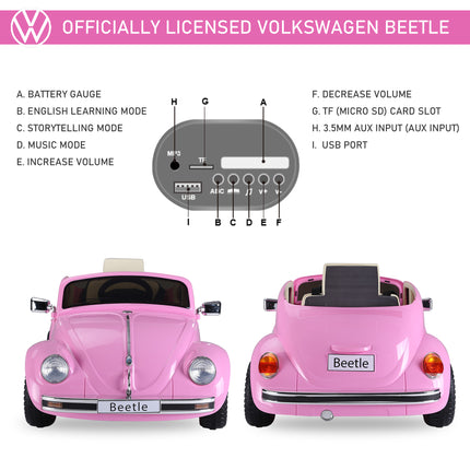 Licensed Volkswagen Beetle 12V Kids Electric Ride-On Car – Retro Style with Parental Remote Control & Extra Wide Safety Tires – Pink