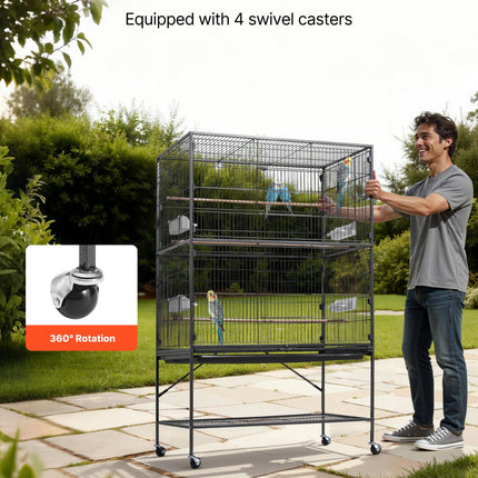 60" Large Wrought Iron Bird Flight Cage with Rolling Stand – Spacious Flight Cage for Cockatiels, African Greys, and Parakeets – Includes Perches & Feeders