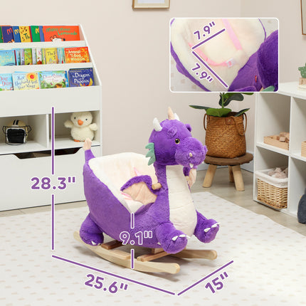 Purple plush dragon rocker mounted on a solid wood base
