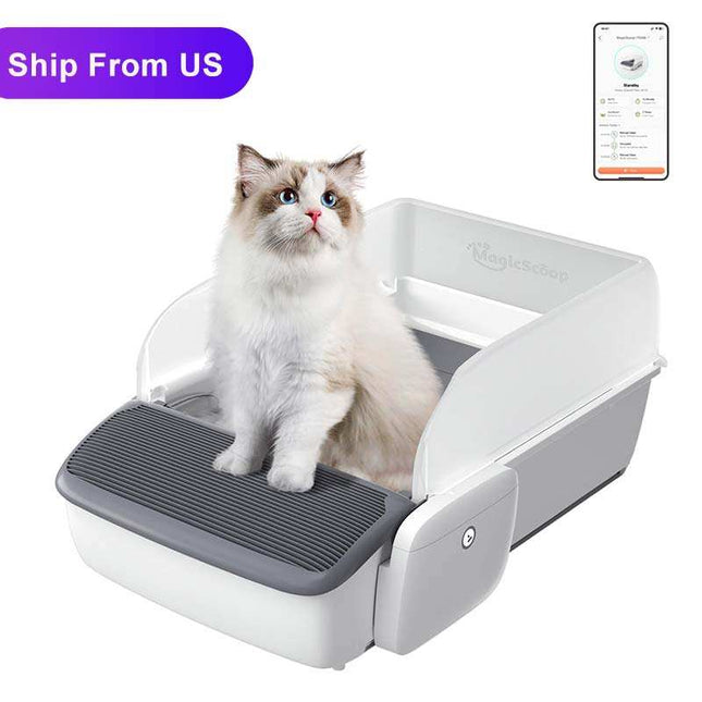 Smart Automatic Self-Cleaning Cat Litter Box – Open Top Robotic Litter Machine – Smart Sensor Safety System for Multi-Cat Households