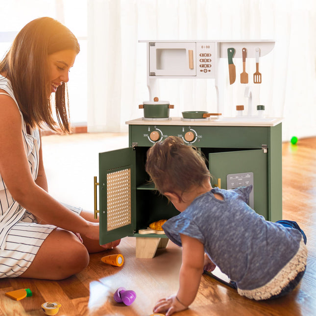 Robud Wooden Play Kitchen Toy Set for Kids – Vintage Green Chef Pretend Playset with Cooking Accessories – Educational Montessori Gift for Boys & Girls