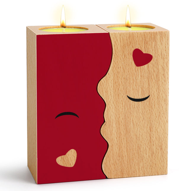 Kissing Couple Wooden Candle Holder Set – 2Pcs Romantic Anniversary Gift for Her/Him – Interlocking Heart-Silhouette Tea Light Holder for Home Decor