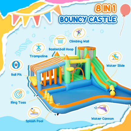 8-in-1 Inflatable Bounce House & Water Slide – Huge Jumping Castle with 550W Blower, Climbing Wall, Water Cannon & Splash Pool – Premium Backyard Water Park for Kids