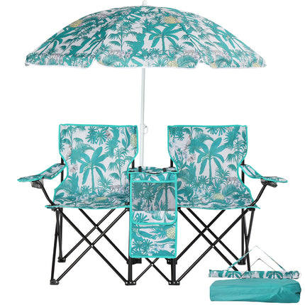 Double Folding Camping Chair Set with Removable Umbrella – 2-Seater Picnic Chair with Built-in Cooler Bag & Cup Holders – Blue