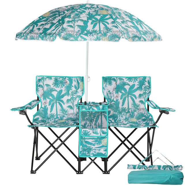Double Folding Camping Chair Set with Removable Umbrella – 2-Seater Picnic Chair with Built-in Cooler Bag & Cup Holders – Blue