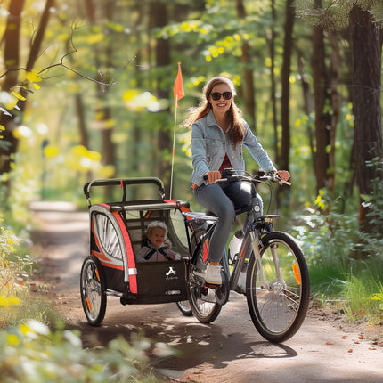 2-in-1 Double Baby Bike Trailer & Stroller – High-Visibility 2-Seater Child Wagon – Weather-Resistant Bicycle Trailer for Toddlers – Red