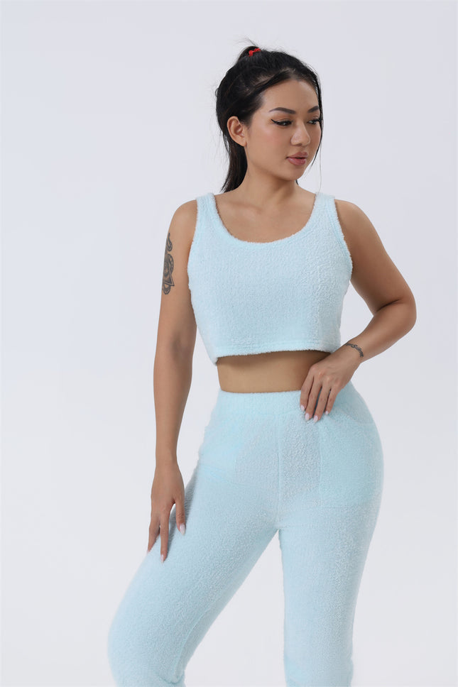 3-Piece Fluffy Lounge Set – Ultra-Soft Plush Knit Pajama Set – Cozy Crop Top, High Waist Pants & Long Cardigan Trio – Winter Warm Sleepwear