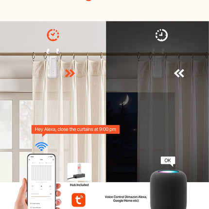 Smart Automatic Curtain Opener – WiFi Remote & Voice Control (Hub Included) – Compatible with Alexa & Google Home – Timer & Silent Mode for Roman Rods