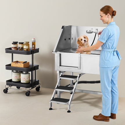 38-Inch Professional Stainless Steel Dog Grooming Tub – Pet Wash Station with Walk-In Stairs, Left Door & Faucet Set