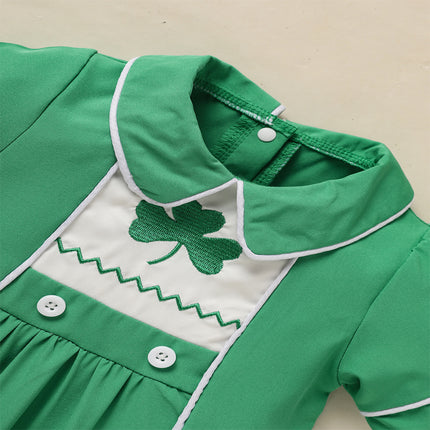 Baby Boy St. Patrick's Day Polo Romper – Green Lapel Short Sleeve Clover Print Playsuit – Lucky Charm Button-Down Bodysuit