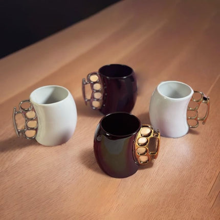 Gold Knuckle Handle Coffee Mug – Black & White Ceramic Novelty Cup – Unique Christmas & Birthday Gift for Men, Dad, or Boss – 12oz Tough Guy Mug