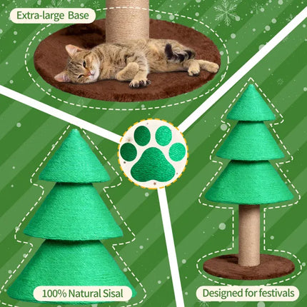 31.5" Christmas Tree Cat Scratcher – Large Sisal Scratching Post for Indoor Cats – Festive Holiday Cat Scratch Tower with Toy Balls (Green)