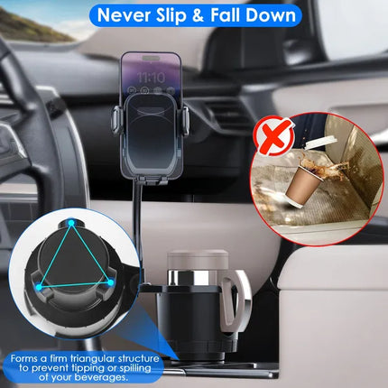2-in-1 Car Cup Holder Expander & Phone Mount – Universal Automotive Drink Holder with 360° Rotating Gooseneck Phone Stand – Adjustable Base for All Vehicles