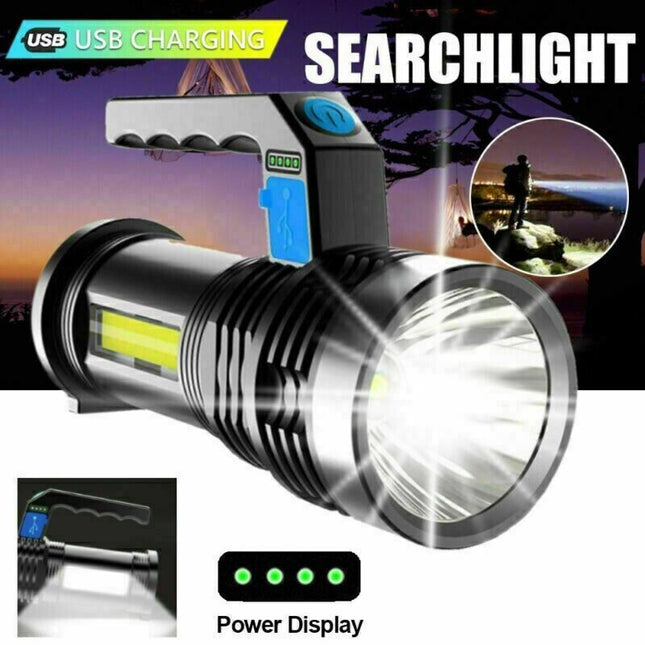 Ultra-Bright LED Tactical Flashlight – USB Rechargeable Torch with COB Side Light – 3 Modes High-Lumen Emergency Lamp – Waterproof