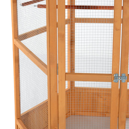 69" Wooden Hexagonal Outdoor Aviary – Deluxe Flight Bird Cage with Weather-Resistant Covered Roof – Large Outdoor Bird House in Classic Brown