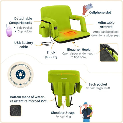 Heated Reclining Stadium Seat with Back Support – Extra Wide Padded Cushion Chair for Bleachers, Sports Games & Outdoor Events