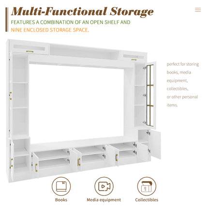 Minimalist White 98" Home Theater Wall Unit – High-Gloss Feel Media Center – Large Storage TV Unit with Tempered Glass & Customizable Shelving